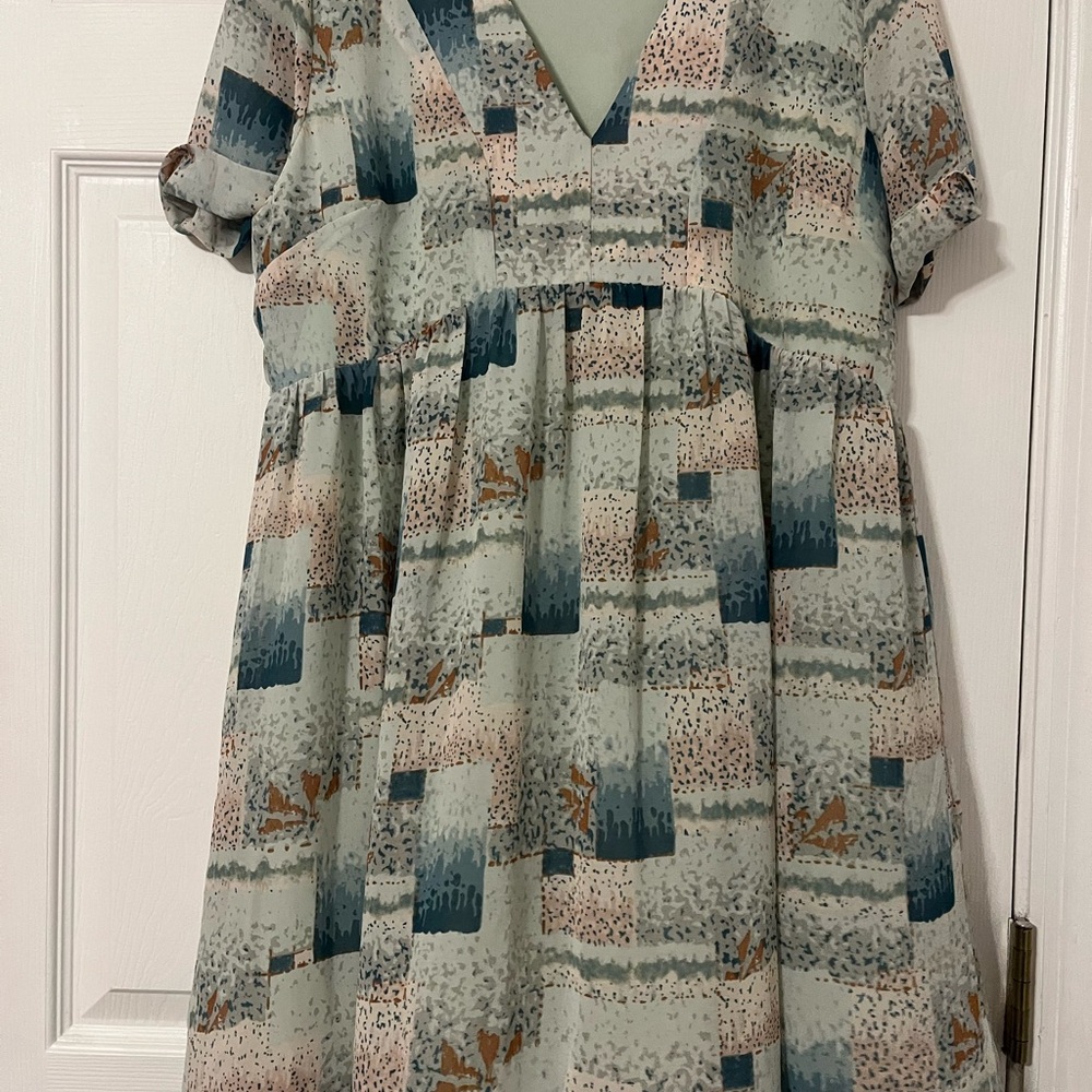 Entro Sage and Multicolor V-Neck Dress